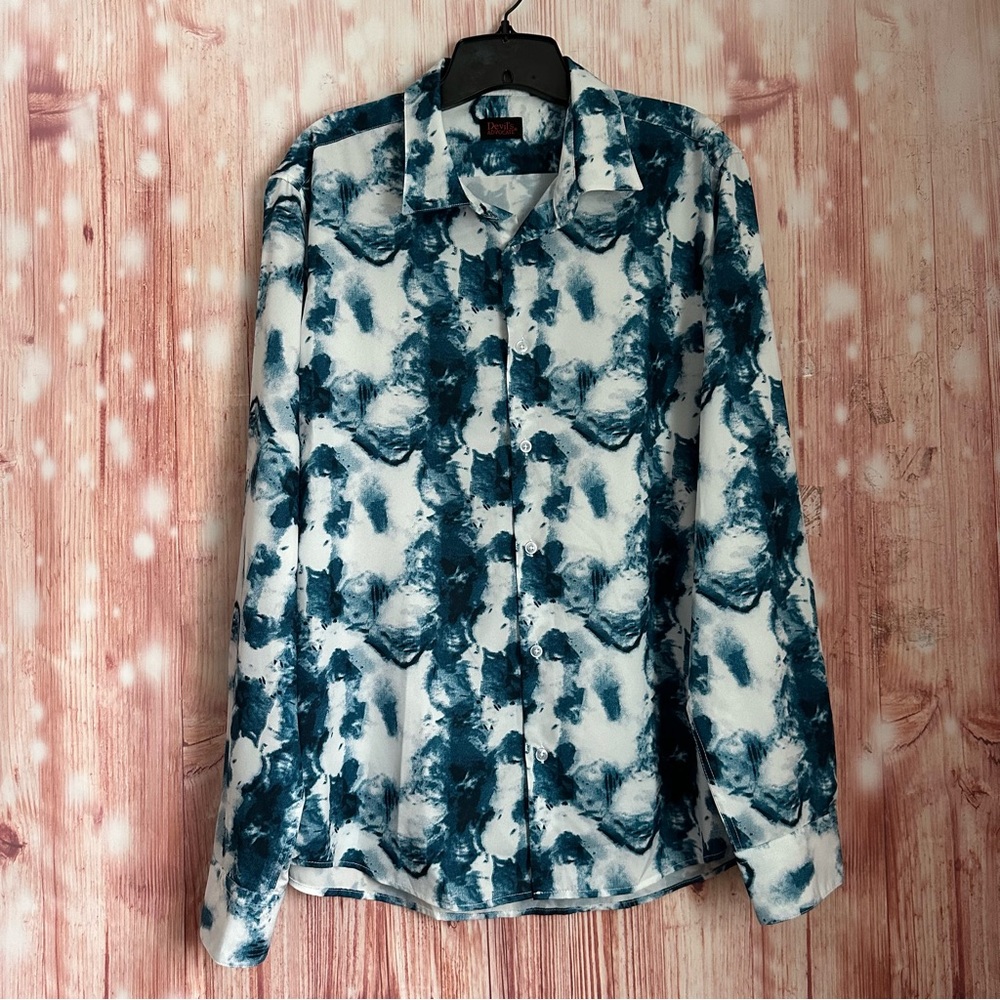 Devil’s Advocate 90’s Blue Tie Dye Print White Button Front Shirt Size XL
